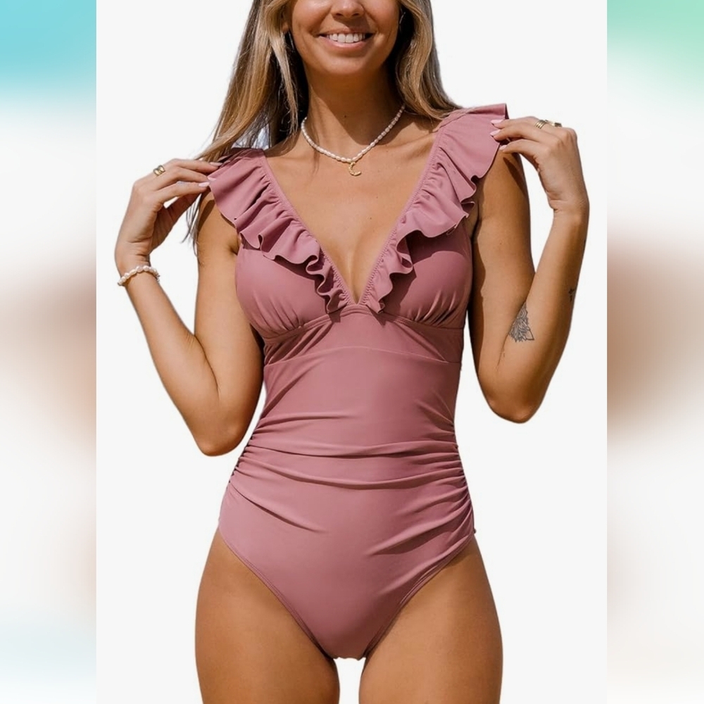 Women's Ruffled One Piece Swimsuit V Neck Lace Up Sz‎ M pink
